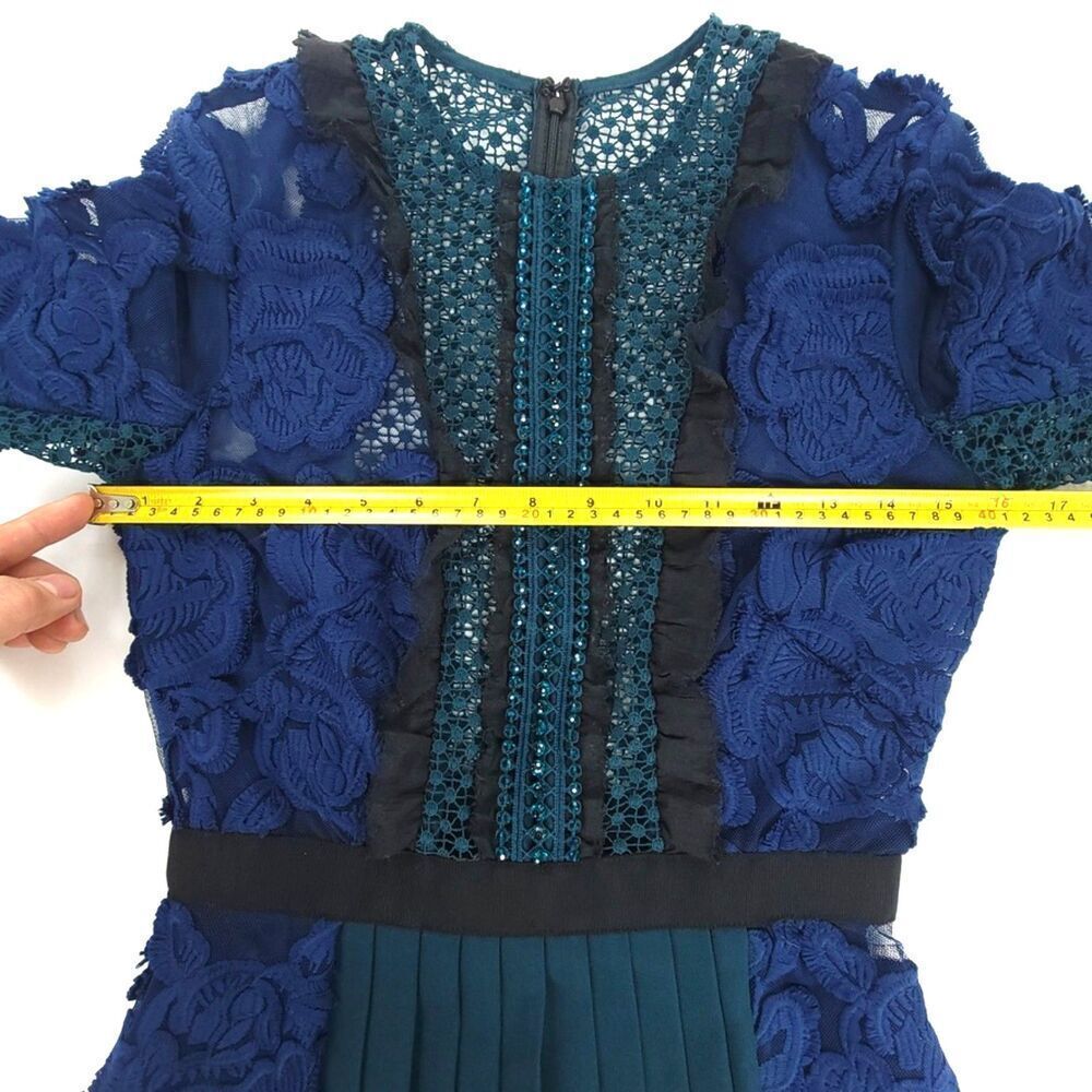 NEW Self Portrait Thea Sheer Lace Applique Pleated Maxi Dress Navy Emerald Gown - Picture 4 of 11